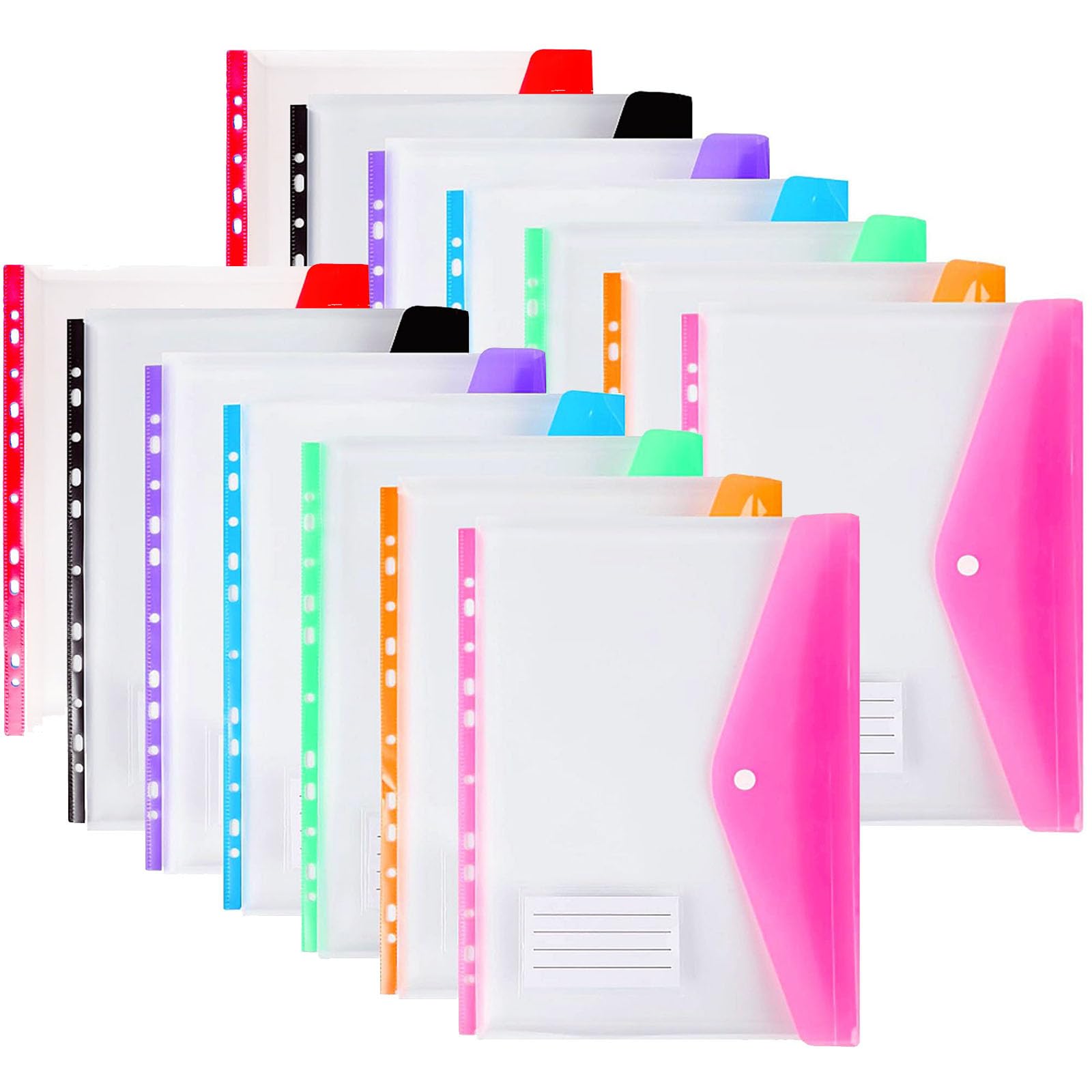 14pcs Plastic Wallets A4 Punched Pockets, 11 Holes Expandable Binder Folders for 2/3/4 Ring Document Pouch with Snap Button & Label Loose-Leaf Transparent for Office School Home (Side Open) — image 1