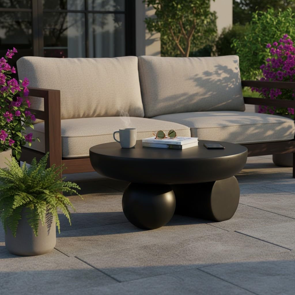 Christopher Knight Home Rico 27.5" Outdoor Coffee Table with Spherical and Cylinder Leg, MGO Round End Table with Ball Legs, No Assembly Patio Table for Poolside/Balcony/Backyard, Black