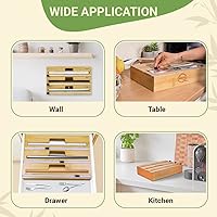 Vista 5 de Dispensador de plástico con cortador, organizador de bambú 3 en 1 para papel de aluminio, papel de estaño, envoltura adhesiva, rollo de papel