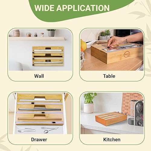 Miniatura 5 de Dispensador de plástico con cortador, organizador de bambú 3 en 1 para papel de aluminio, papel de estaño, envoltura adhesiva, rollo de papel