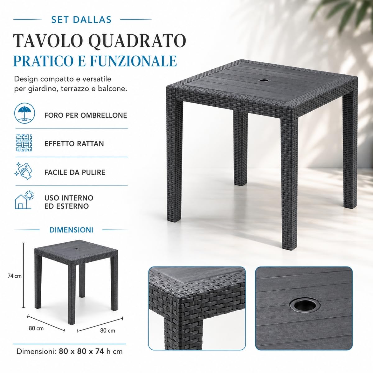 Tomaino - Set Tavolo con Sedie da Giardino in Plastica Effetto Rattan - Set da Pranzo Tavolo Quadrato con Foro Ombrellone e 4 Sedie Impilabili con Braccioli per Esterno, Terrazze, Bar, Ristoranti