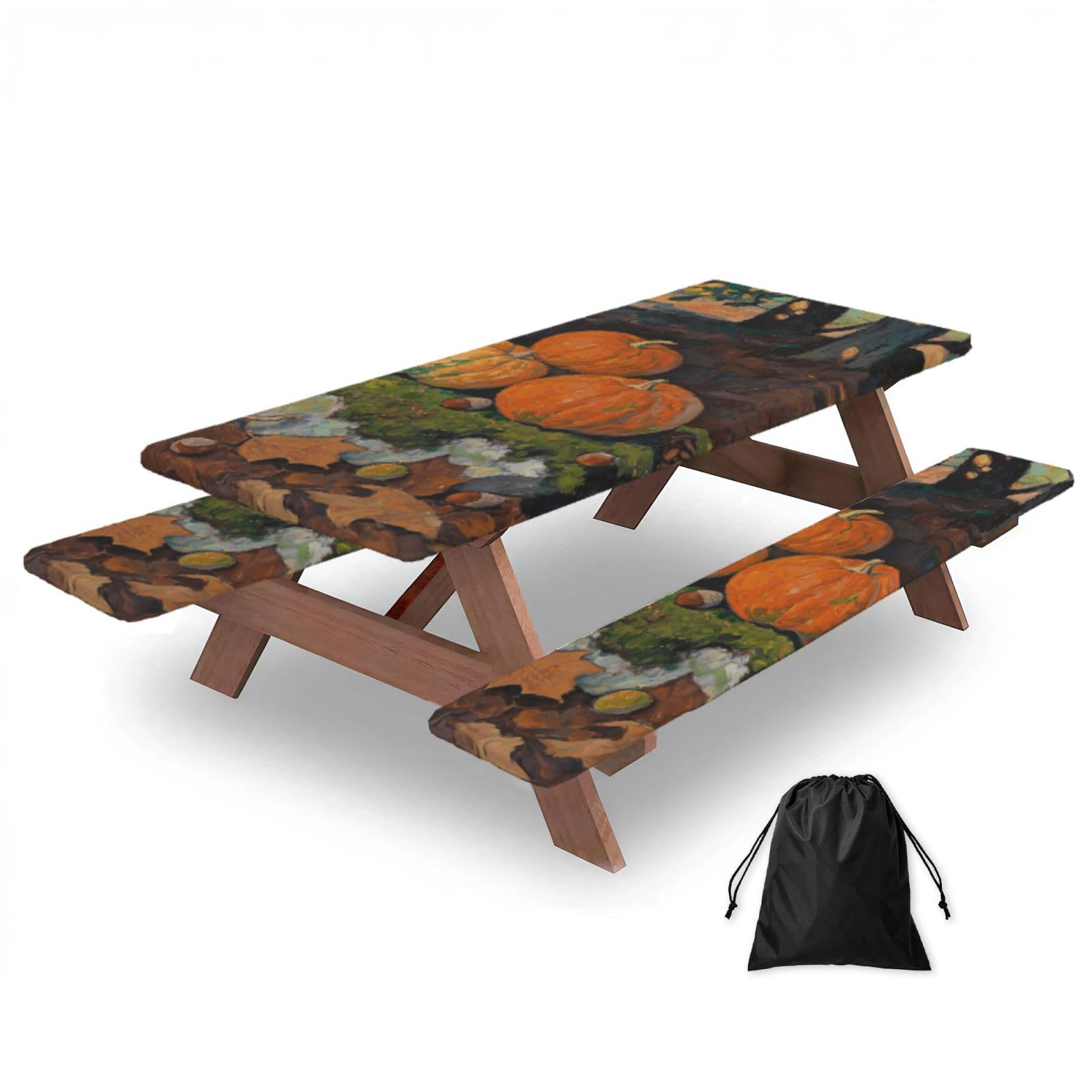 FekiLoot Leaves Pumpkin Picnic Table Cover with Bench Covers and Bag, Windproof Waterproof Rectangle Tablecloth with Elastic Edges Fitted Camping Table Covers for Picnic Party Travel