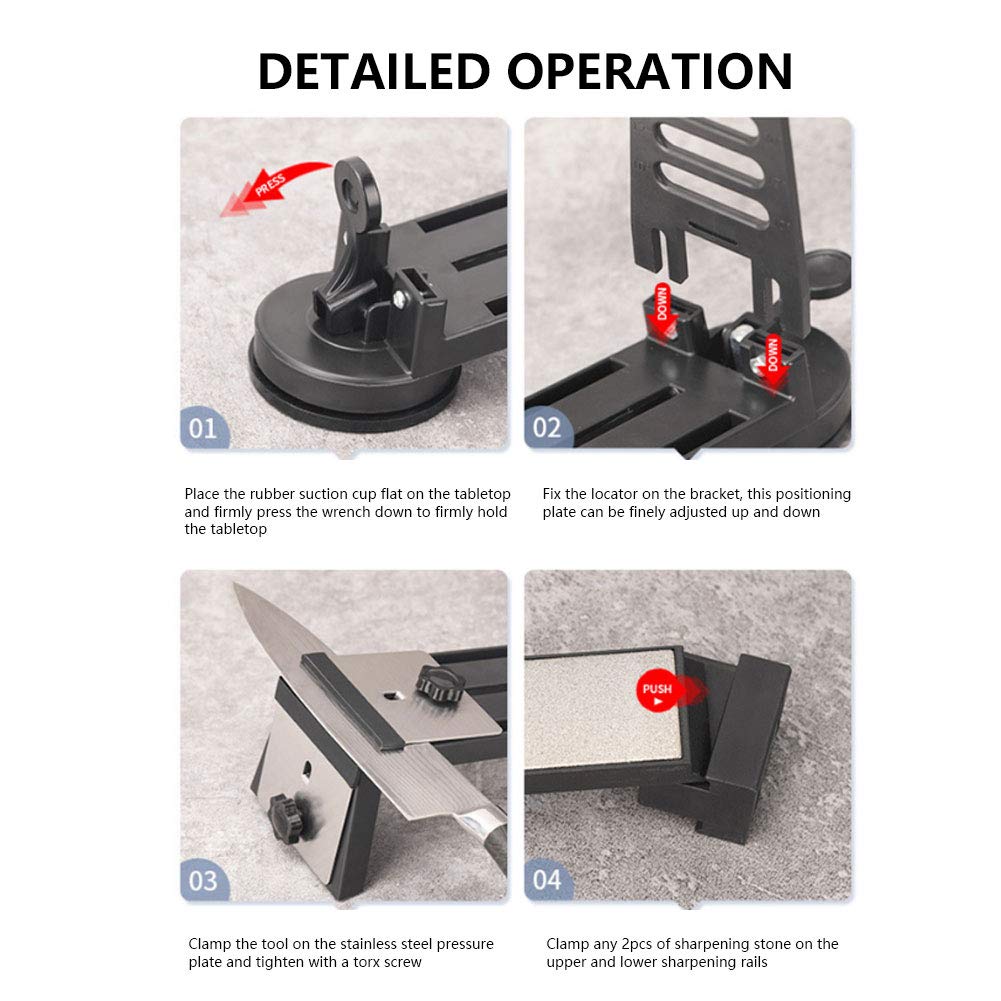 Affilacoltelli Ad Angolo Fisso, Kit per Affilare Coltelli, Affilacoltelli Ad Angolo Regolabile con 3 Pietre per Affilare Grana 240 600 1000, Base a Ventosa Stabile per, Forbici e Giardino