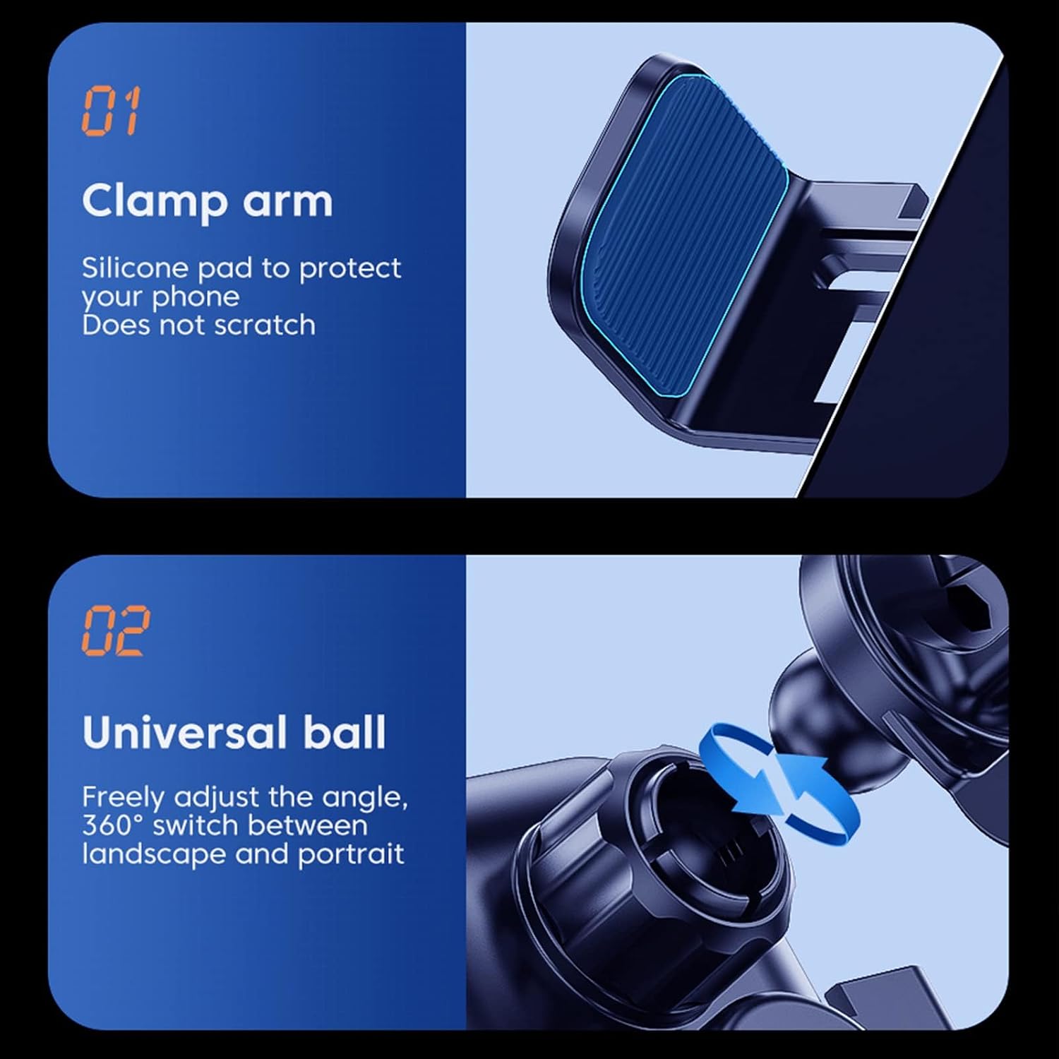 Image showing the clamp arm with silicone pad and the universal ball joint for 360-degree rotation.