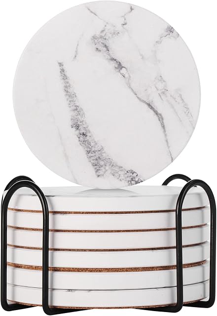 Drink Coasters Set of 6 - Marble Style Ceramic Round Coaster with Cork Base and HolderSuitable for Kinds of Cups, Wooden Table,4 Inches (Marble)