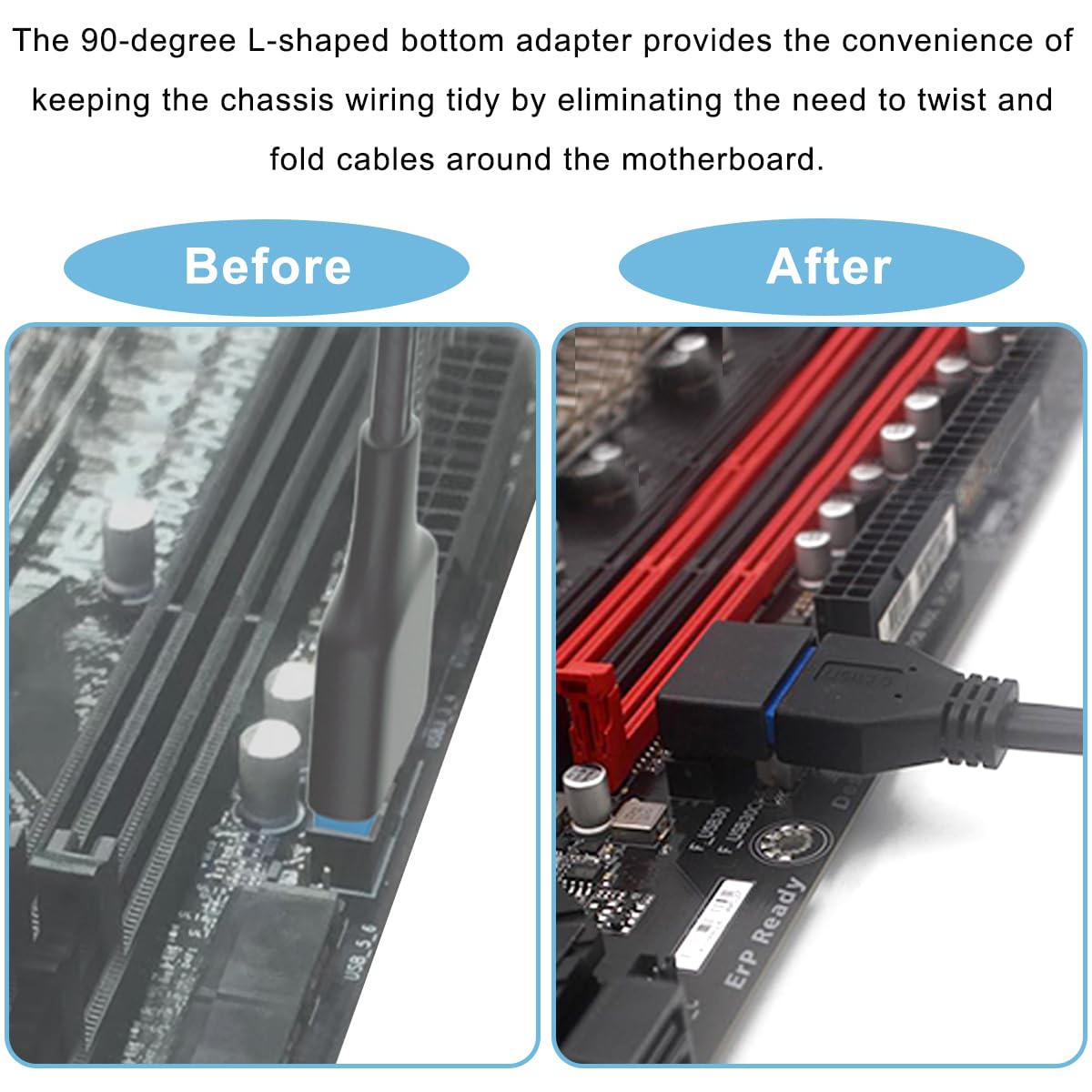 2 szt. Płyta główna USB 3.0 19/20 Pin 90 Degree Adapter, męski do żeńskiego typu L Turn Right Angle Socket Extension Adapter, do płyty głównej komputera stacjonarnego (Down Angle PH19B)