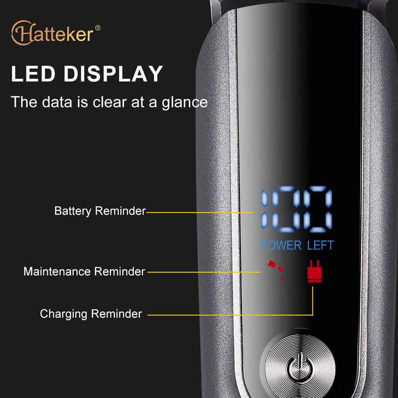 Close-up of Hatteker HT-621 LED display showing battery, maintenance, and charging reminders