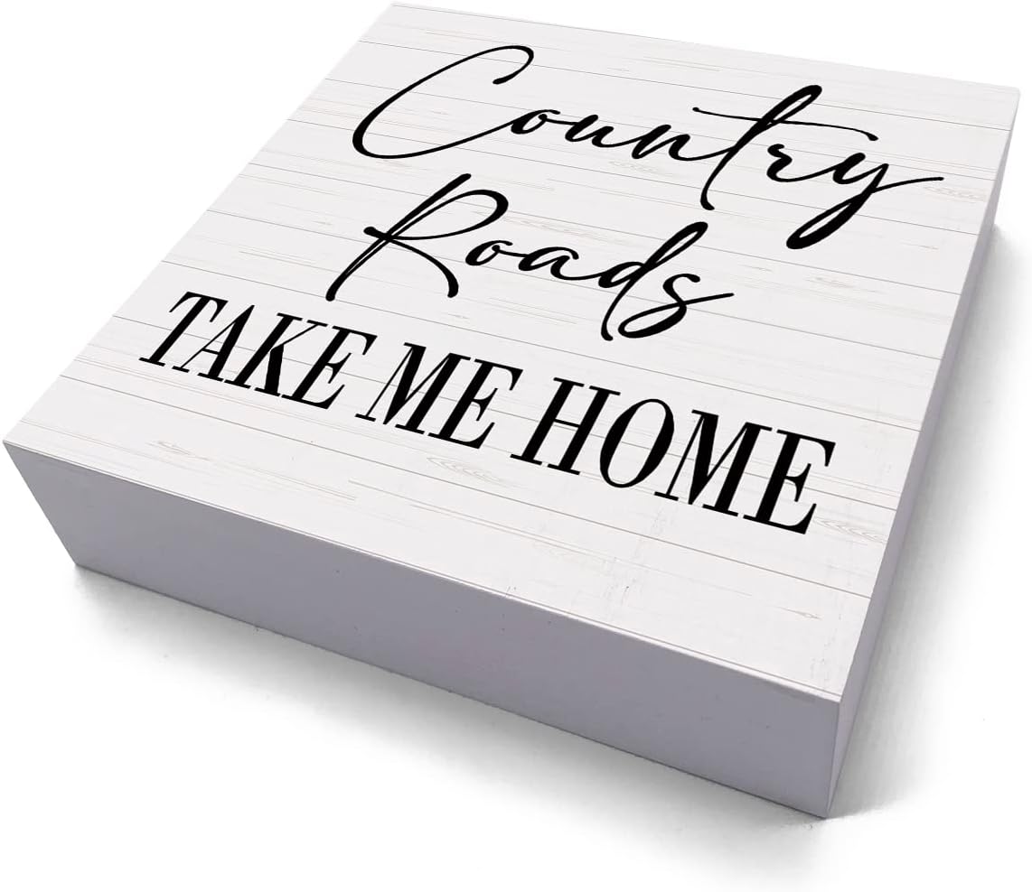 Country Home Farmhouse Sign Desk Decor Wooden Box Sign Housewarming Gift Rustic Wood Block Plaque Box Sign for Living Room Kitchen Bathroom Shelf Table Decoration Country Roads Take Me Home Sign image 2