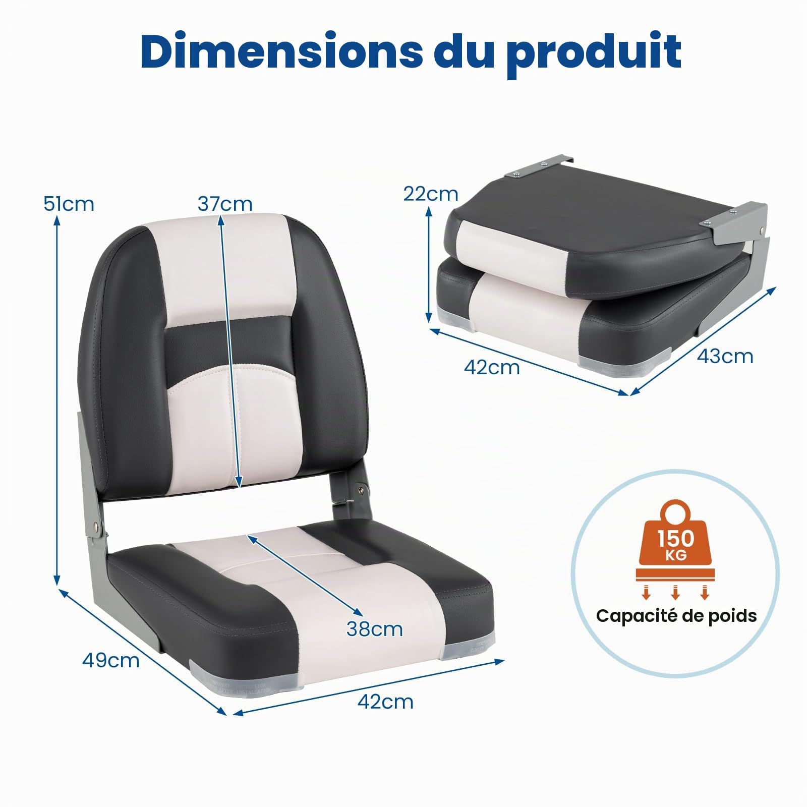 HOMASIS Lot de 2 sièges pliants pour bateaux, chaises rembourrées pour bateaux avec assise épaisse 7 cm, fauteuil de conduite étanche avec dossier, portée de 150 kg, 42 x 49 x 51 cm, gris