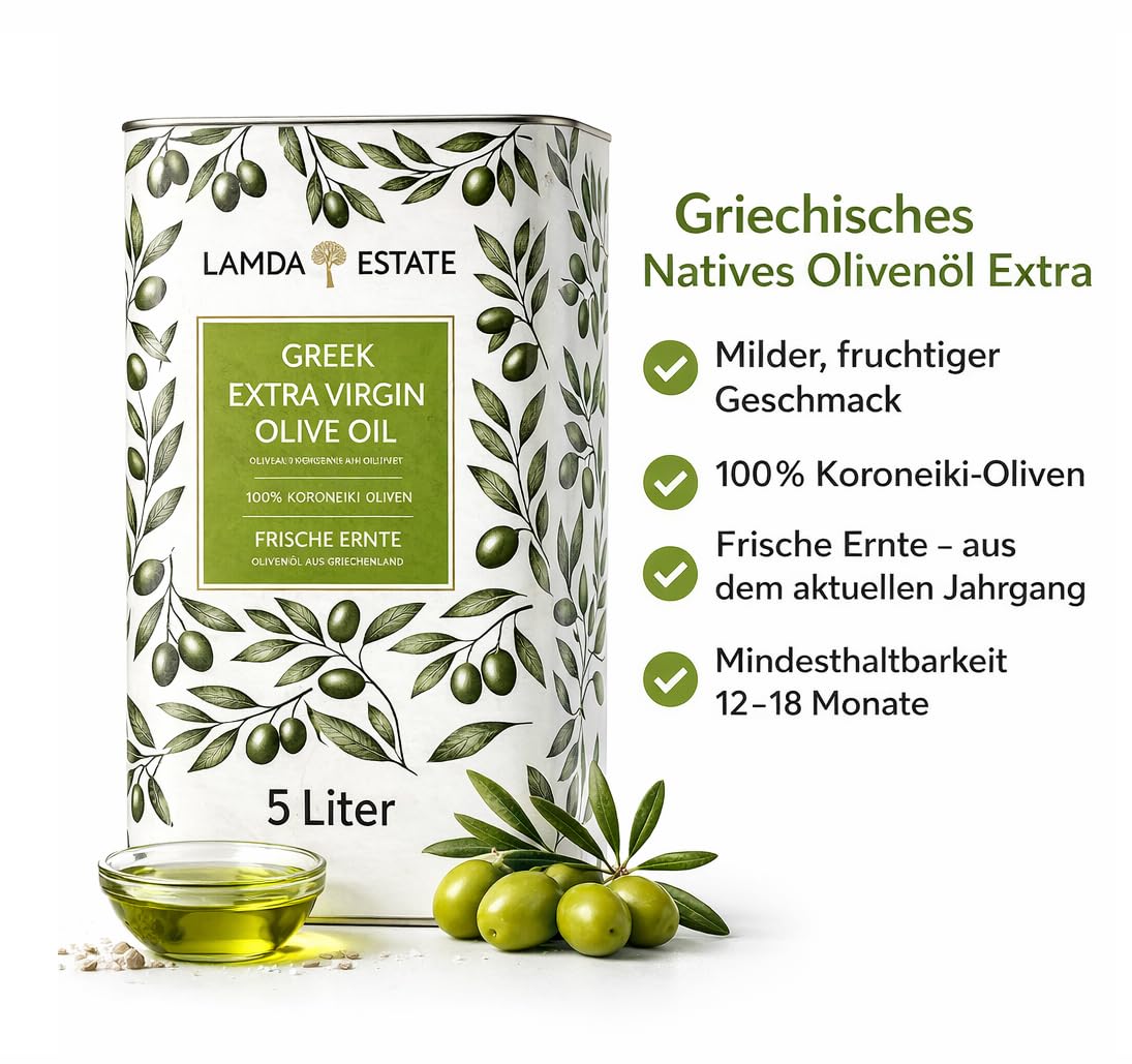 Lamda Estate | Griechisches Olivenöl 5 liter Kaltgepresst, nativ extra | Peloponnes 5l aus Koroneiki-Oliven, super frische Ernte
