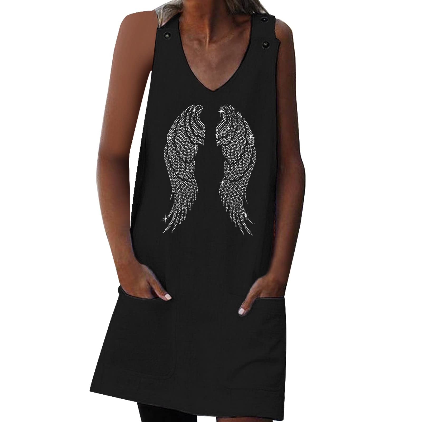 WLHBFBlack Dresses for Women Women's Wing Sleeve V Neck Pockets Button Suspender Dress Sexy Jumpsuits for Women