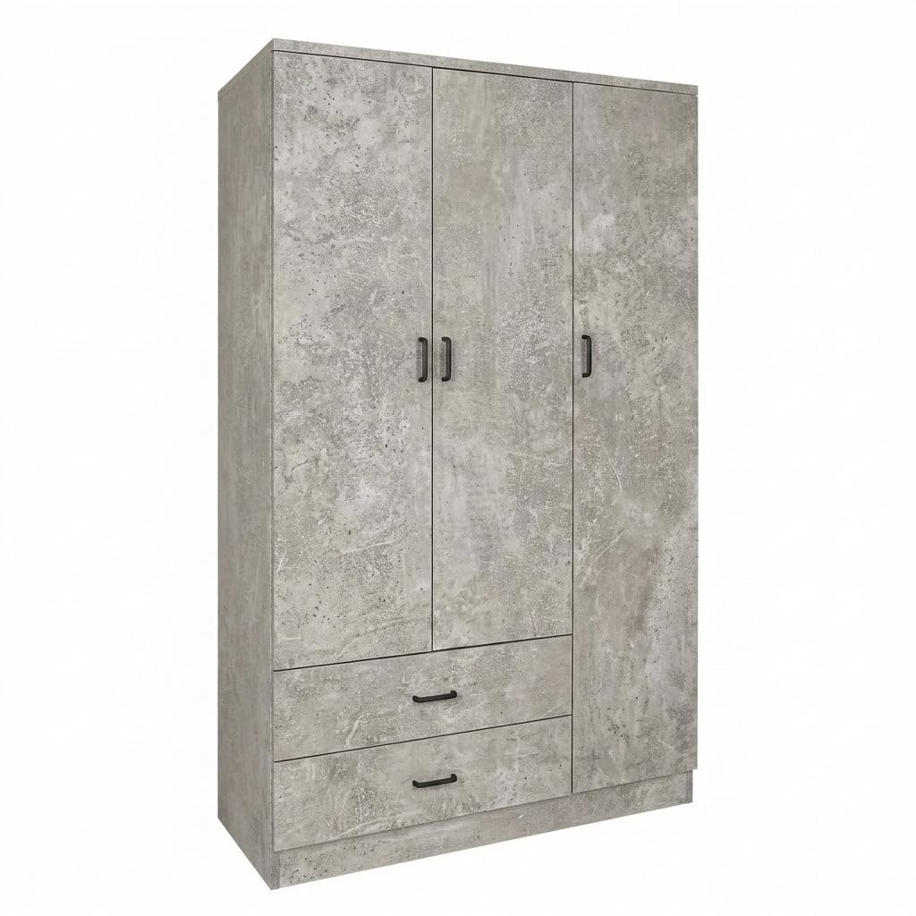 HEMAX Armadio 3 Ante e 2 Cassetti Guardaroba Moderno 120x52x190 – Cemento