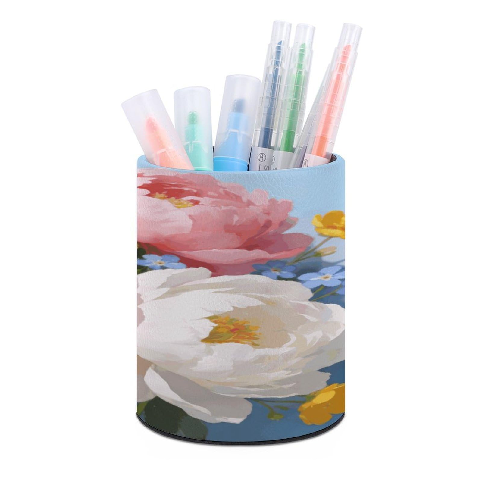FekiLoot Floral Cute Flower Aesthetic Pen Holder Cup Fashion PU Leather Pencil Cup Minimalist Pen Organizer Round Pencil Holder Stand Work Locker Accessories for Decoration Desk Office Home