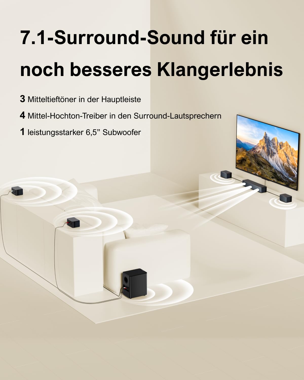 ULTIMEA 7.1 Soundbar, Virtuelle Surround Sound System für TV, Poseidon D70 | App-Steuerung, 4 kabelgebundene Surround-Lautsprecher, Soundbar für Smart TV mit Subwoofer Wireless, Heimkino Sound System