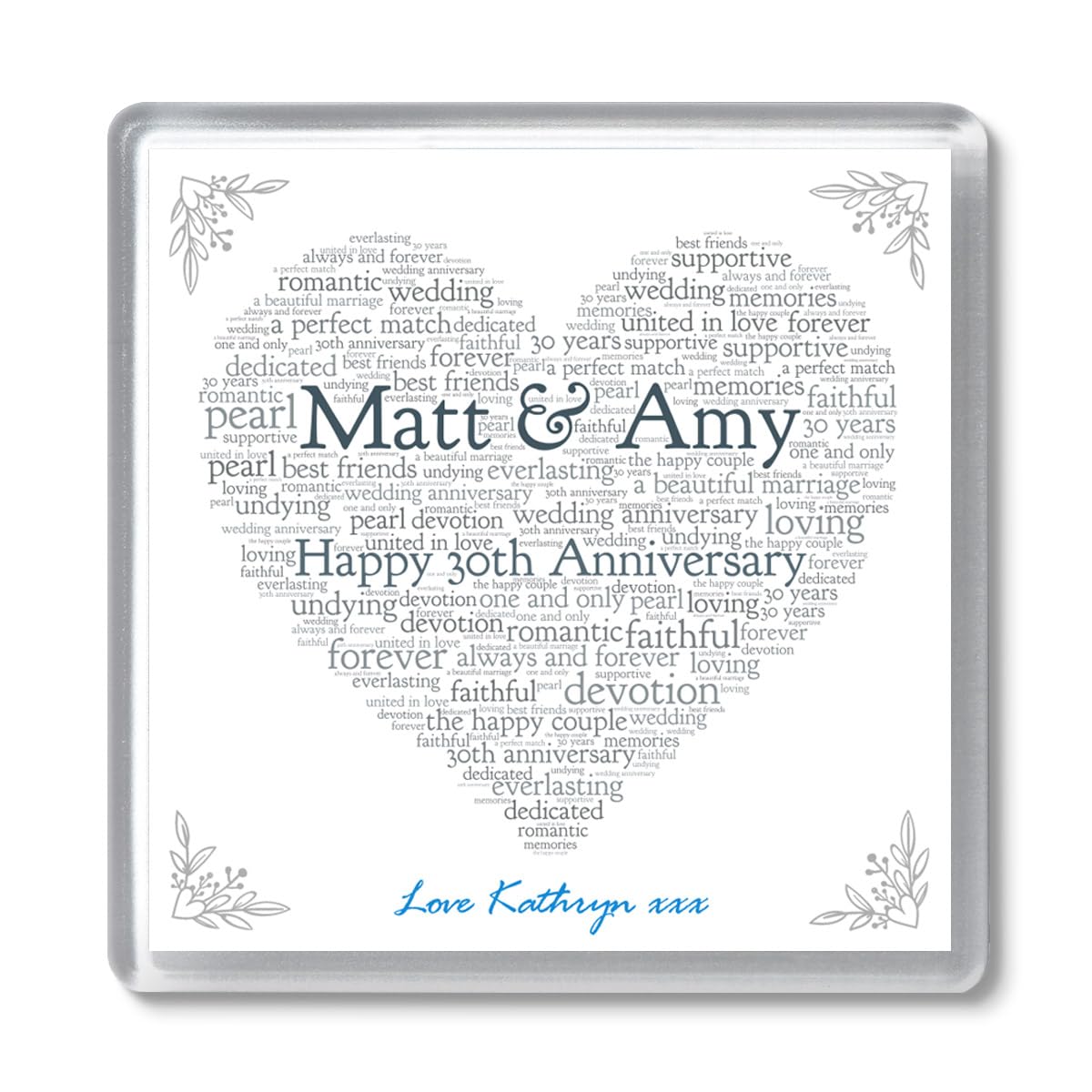 PREZZIFY Personalized 30th Wedding Anniversary (Pearl) Coaster – 30 Years Married Gift for Couple, Custom Names & Message, Red/Silver, Word Art, 10cm Square