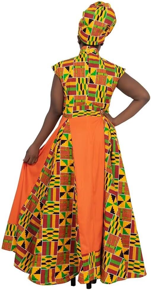 ABCWAX African Dresses for Women Long Skirt Traditional Ankara Kente Print Casual with Scarf - Image 6