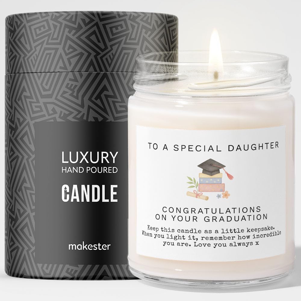 Makester White Gift For Daughter On Graduation - Luxury Soy Wax Candle - Vanilla, Jasmine, Sugared Almond