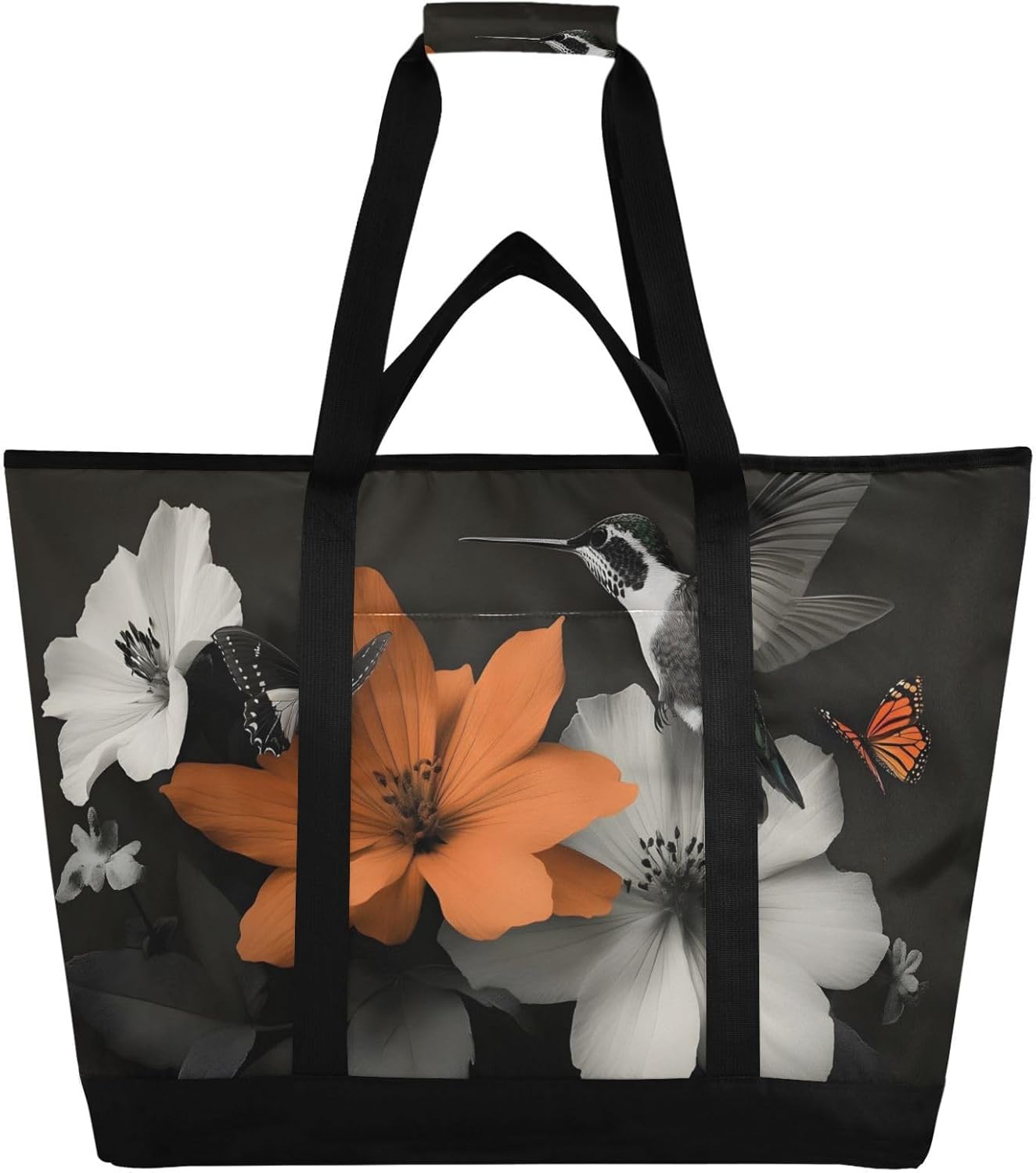 Large Insulated Cooler Bag Hummingbird Florals Butterfly, Collapsible Soft Cooler Makes a Perfect Insulated Grocery Bag, Food Delivery Bag, Travel Insulated Bag or Beach Cooler Bags