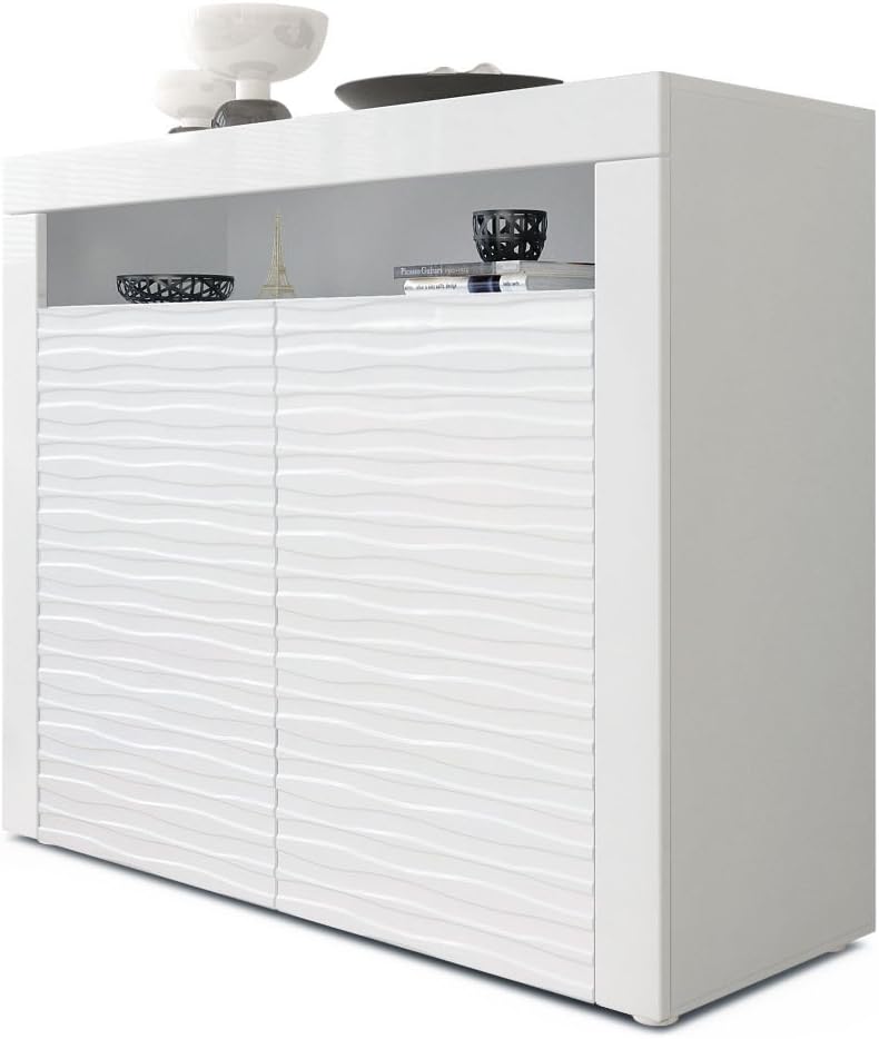 Vladon City Cabinet, Sideboard with 2 Doors and 1 Open Compartment, White matt/White High Gloss Harmony 3D Structure/White High Gloss (108 x 92 x 40 cm)