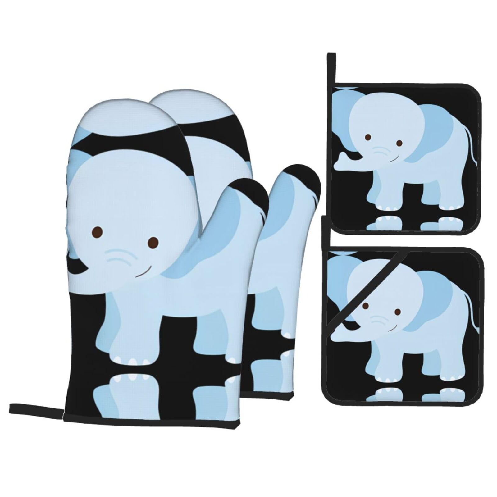 Elephant Baby Printed Baking 4-Piece Set, includes oven mitts and a heat-resistant mat, suitable for oven and BBQ use