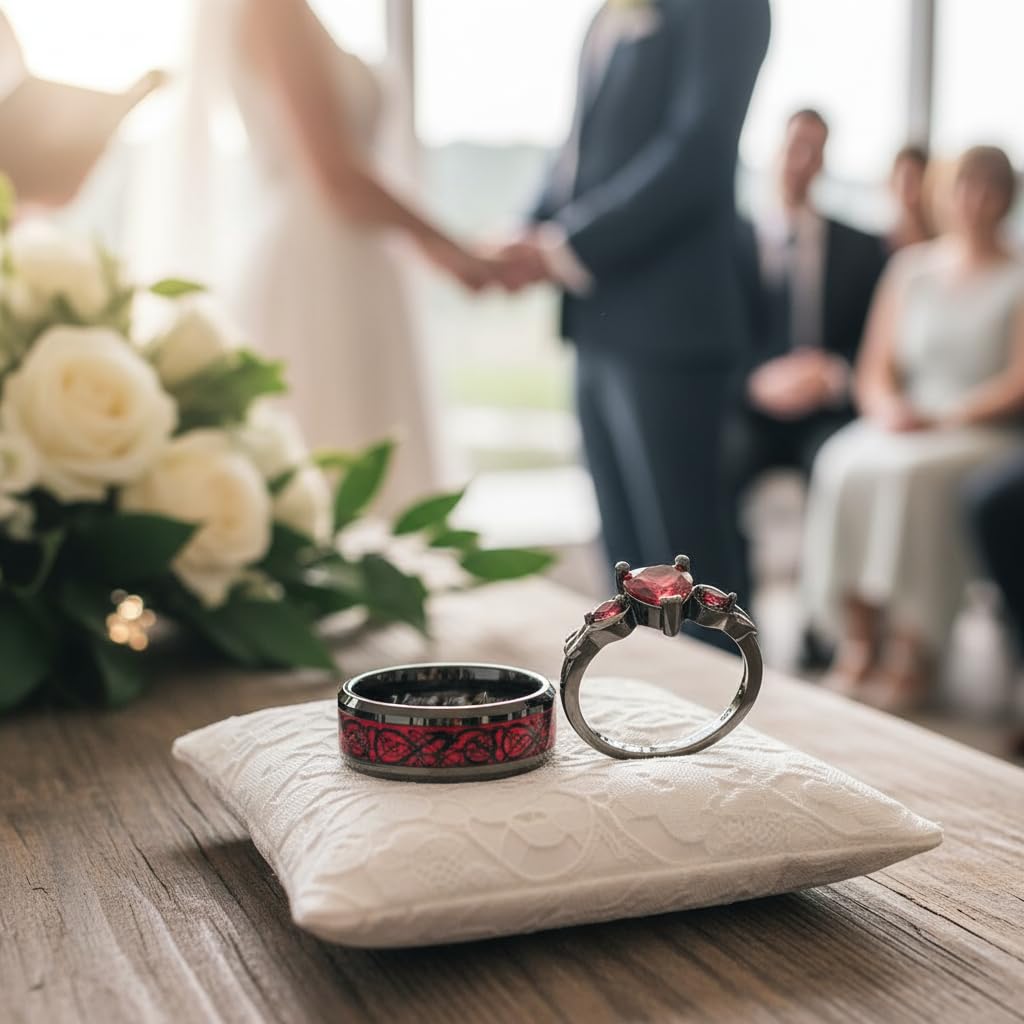 Paar Ringe mit Gravur Eheringe Partnerringe Verlobungsringe für Frauen Wolfram Herren Schwarz Rot Zirkonia Ring Personalisierter Wolfram Ring Größe 49-70