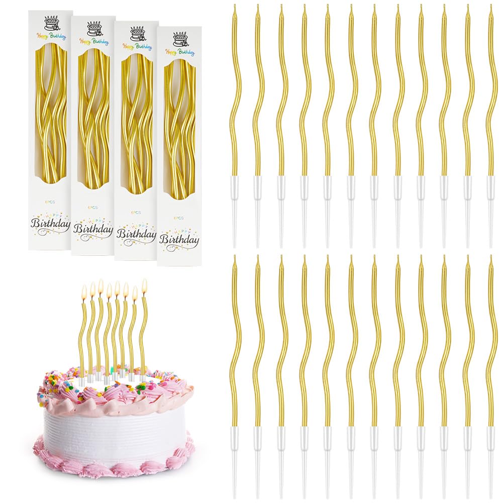 URAQT Geburtstagskerzen Kuchen, 24 Ripple-Geburtstagskerzen mit Ständer, für Kinder & Erwachsene, Dekorative Geburtstagstorte, Hochzeitsparty, Abschlussfeier(Gold)