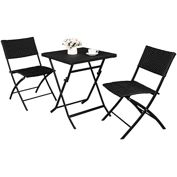 Amazon Com Vingli 3 Pieces Folding Rattan Patio Bistro Set Wicker Patio Furniture Set Steel Frame Outdoor Indoor Foldable Table And Chairs For Backyard Garden Black Garden Outdoor