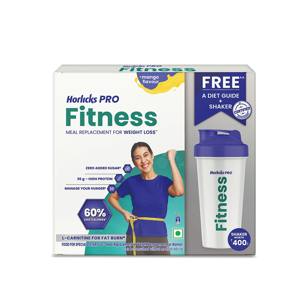 Horlicks PRO Fitness Mango 400g BIB, A Meal Replacement for Weight Loss with 60% Less Calories, L-carnitine for Fat Burn, High Protein & Fiber- No Added Sugar with a Free Shaker