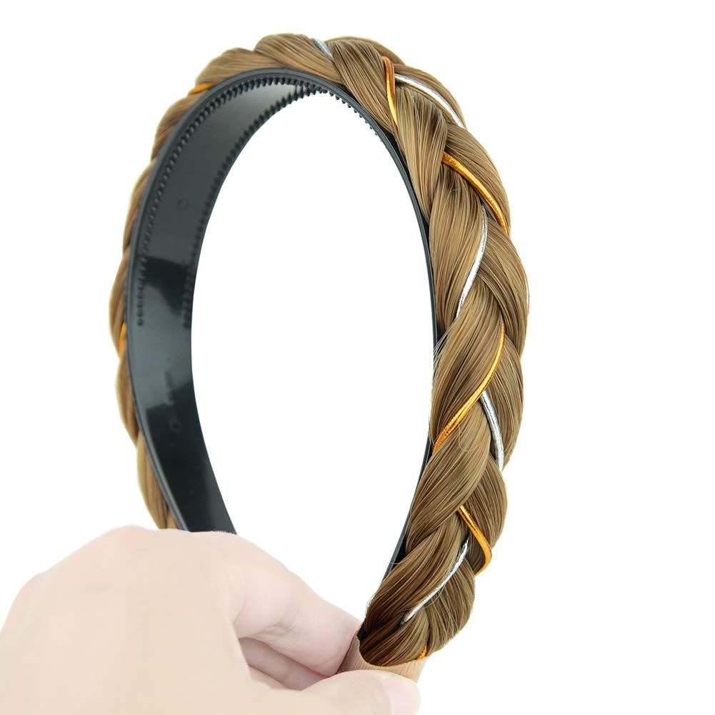DIGUAN Wide Chunky Plaited Braided Headband Hair Band Synthetic Braid Hairpieces with Teeth Piano Two Tone Colors Accessories for Women Girl Wide 1.2 Inch (W-Caramel Brown)