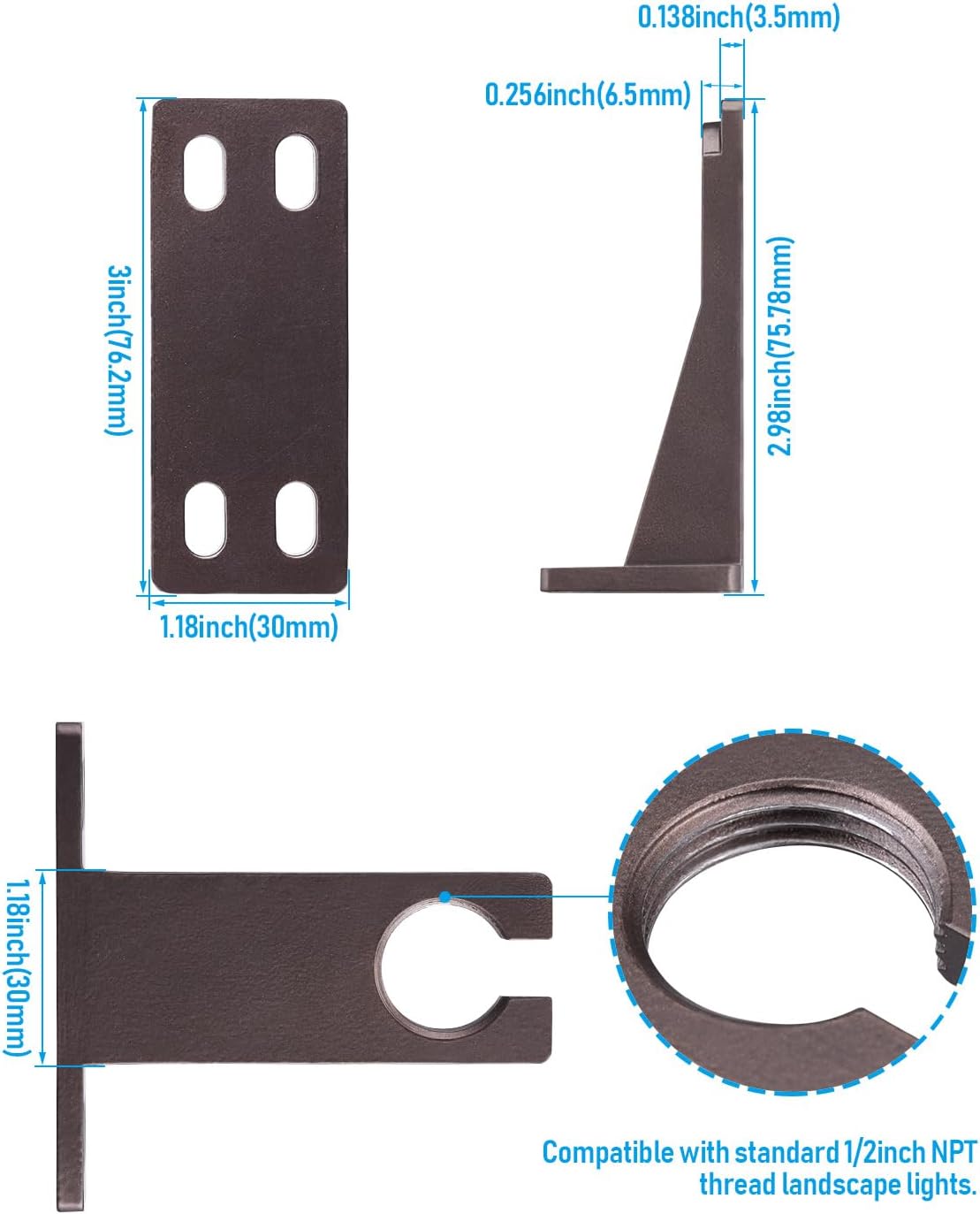 LEONLITE Gutter Mount Bracket for Low Voltage LED Spotlight, 1/2" NPT Standard Thread, Aluminun, Mount Bracket for Landscape Light Accent House Walls, Eaves, Bronze, Pack of 4