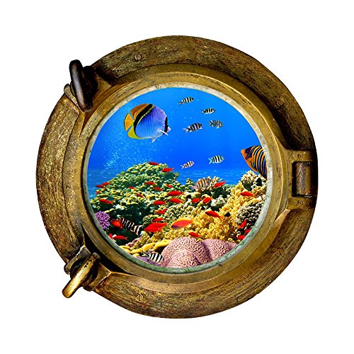Stickers trompe l'oeil hublot Les fonds sous marin - L 40cm x H 40cm
