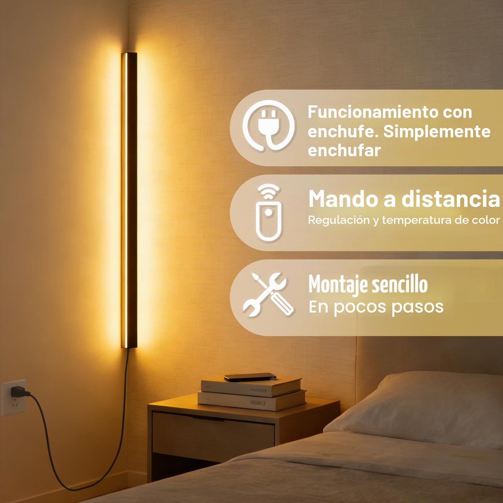 LANMOU Aplique de Pared Interior LED Esquina 90cm Regulable con Enchufe | Lámpara de Pared Largo Moderna de Aluminio con Mando a Distancia ＆ Temperatura de Luz 3000K-6500K, para Salón o Dormitorio