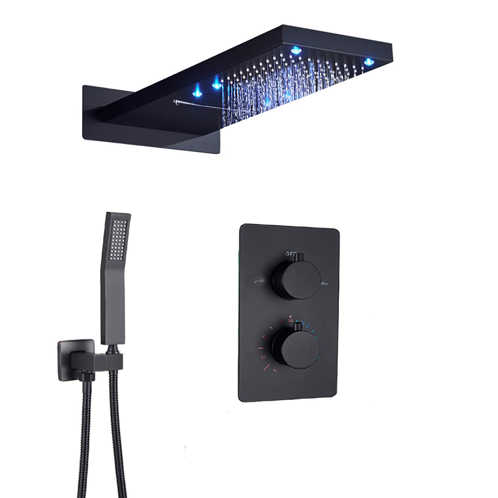 QUSYZD Led Thermostatic Matte Black Rain Mixer Shower Combo Set Wall Mounted Bathroom Shower Faucet Set with Rainfall Shower Head, Handheld Shower,