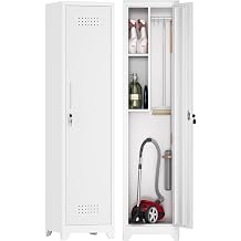 GREATMEET Slim Broom Closet Storage Cabinet, 65" H Metal Cabinet, White