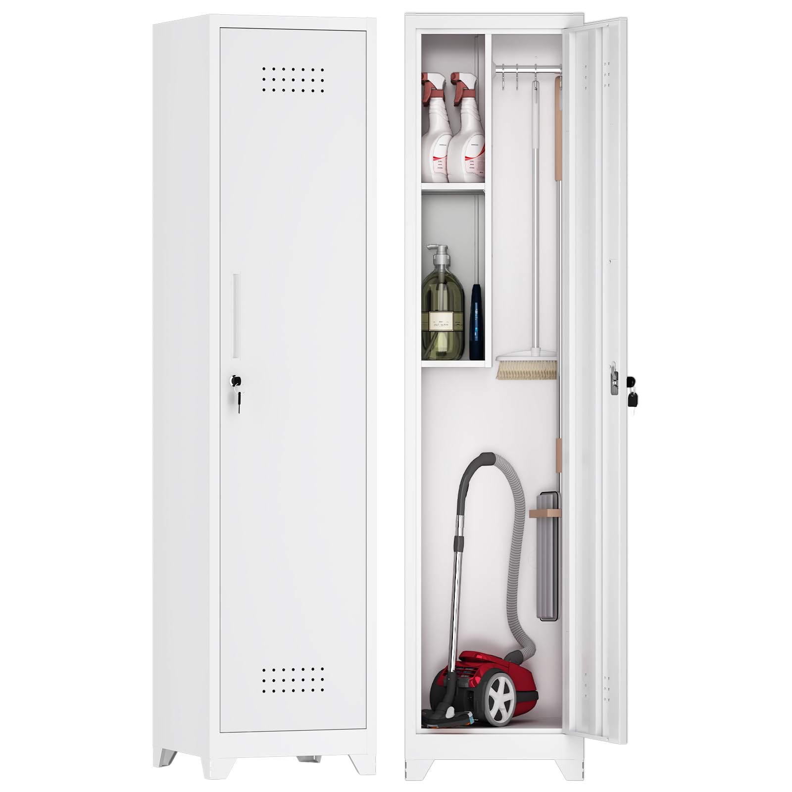 GREATMEET Armario de limpieza de metal estrecho con 1 puerta, armario para escobas y utensilios de limpieza, organizador de herramientas y hogar estrecho para garaje y lavandería, color blanco