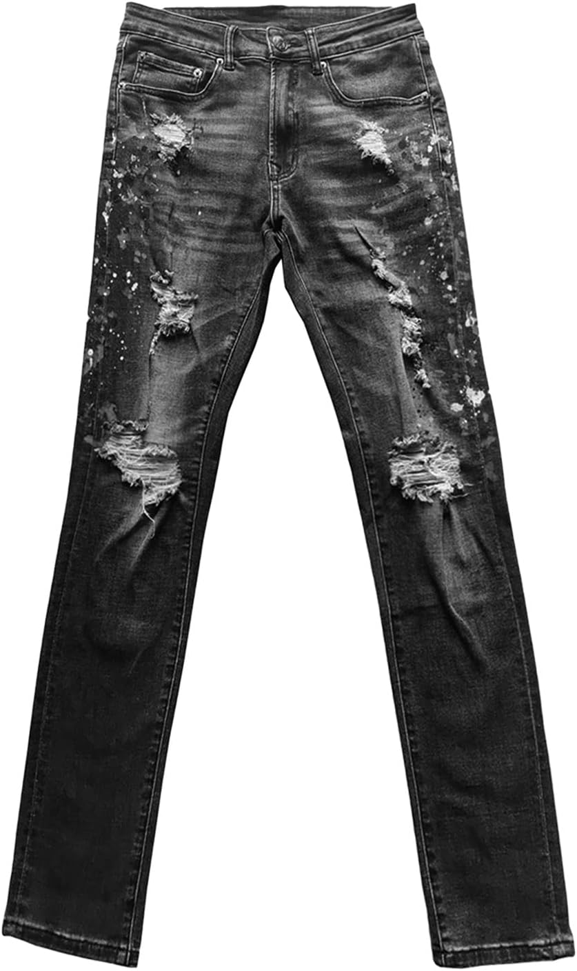 DGHM-JLMY Men's Fashion Ripped Cotton Elastic Slim Jeans Stretch Distressed Skinny Jeans Denim Jeans Tapered Jean Pants