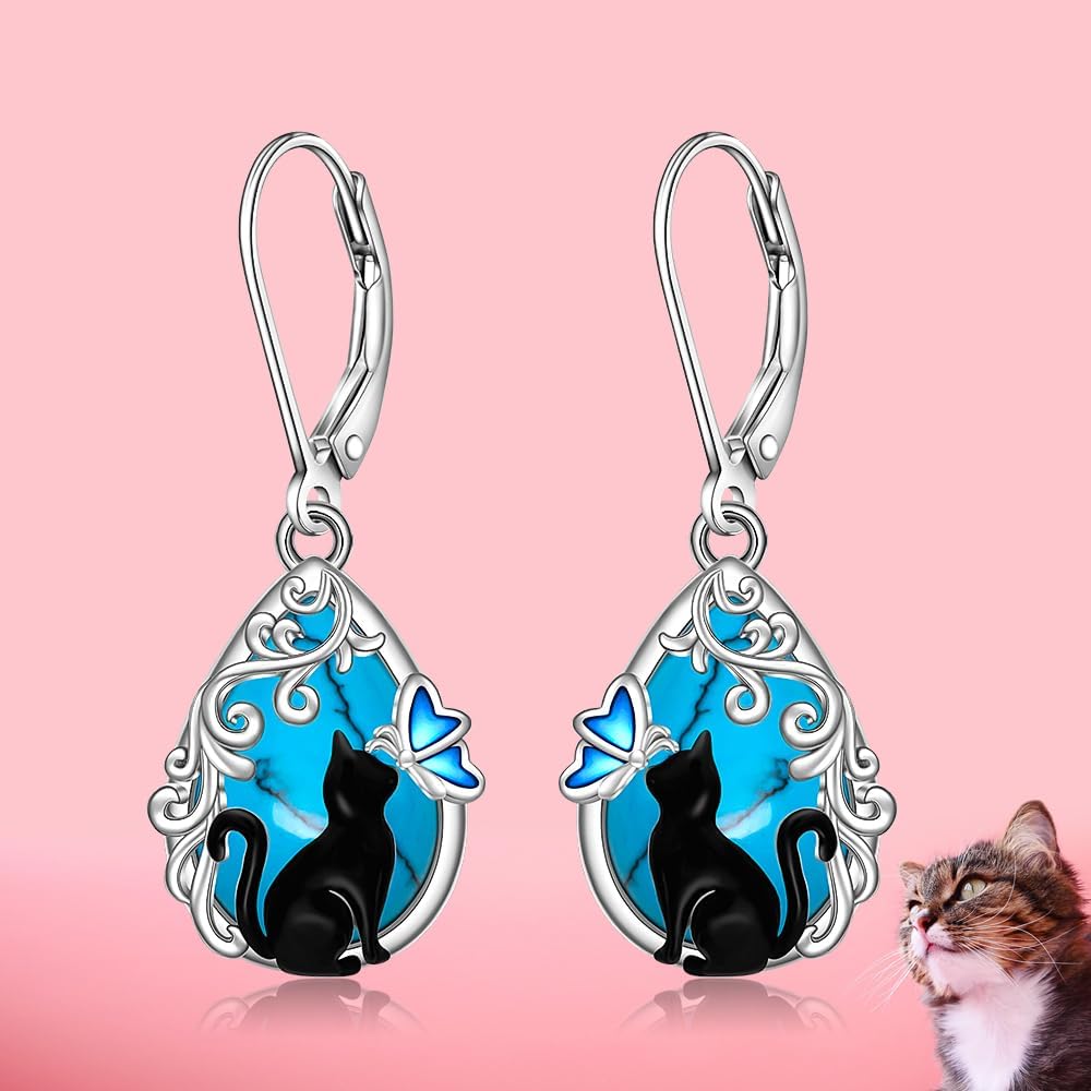 Cat Earrings Turquoise Black Cat Earrings for Women Sterling Silver Turquoise Leverback Dangle Jewelry Halloween Christmas Gifts - Image 9