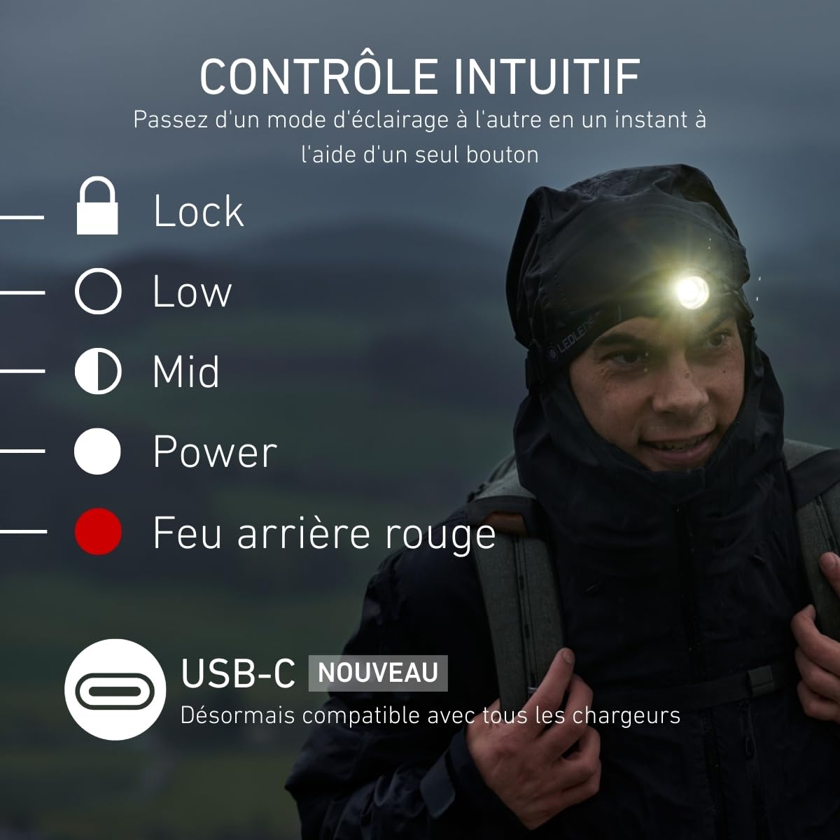 Ledlenser H8R Lampe frontale rechargeable, 25e anniversaire, 600lm, IP54 | Batterie supplémentaire incluse, autonomie doublée, portée 150 m, USB-C, feu arrière rouge, idéale pour l'outdoor