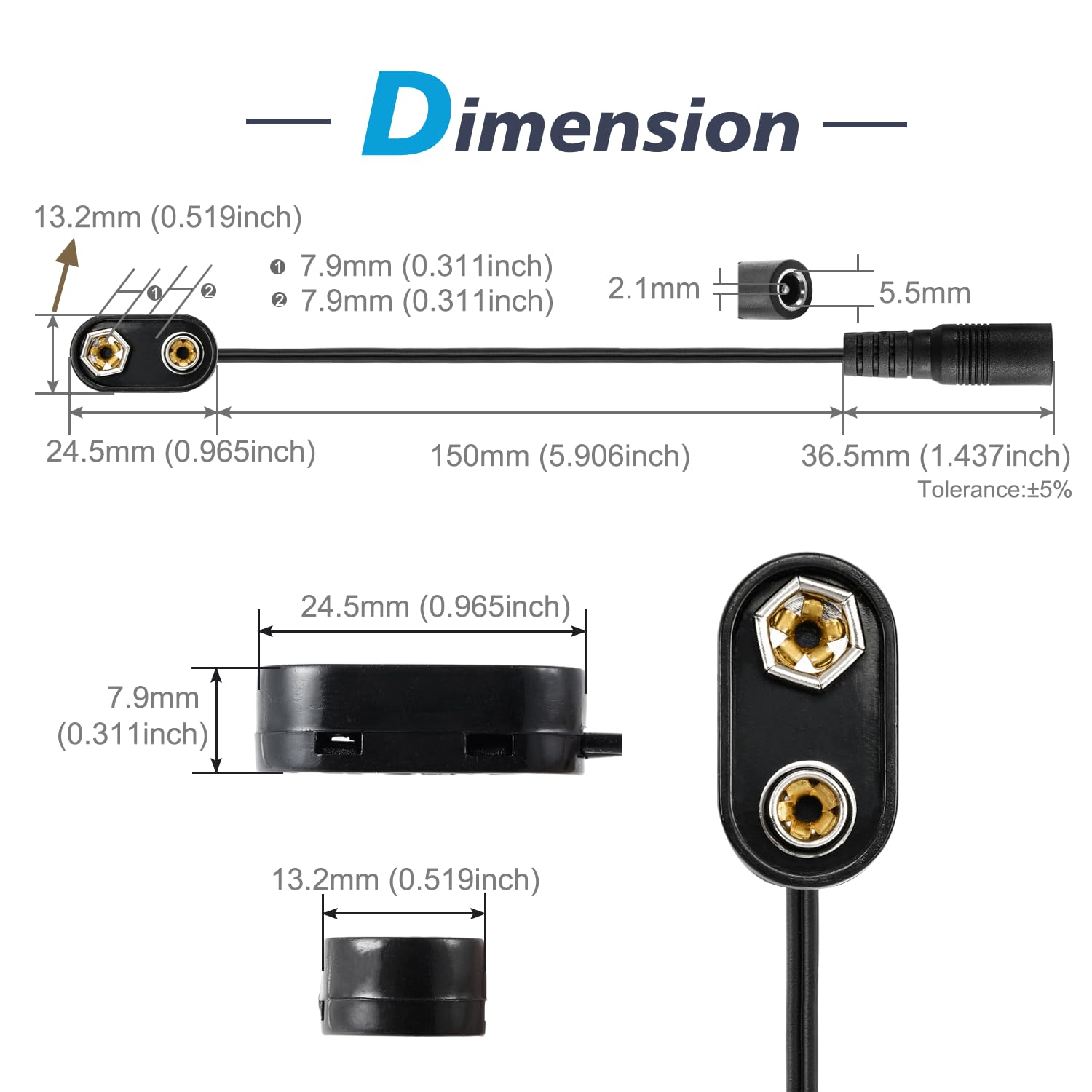 15 Pezzi Connettori Per Batteria 9V Con Cavo 15 Cm - Clip In Pelle Sintetica, Per Progetti Elettronici DIY - Foto 5