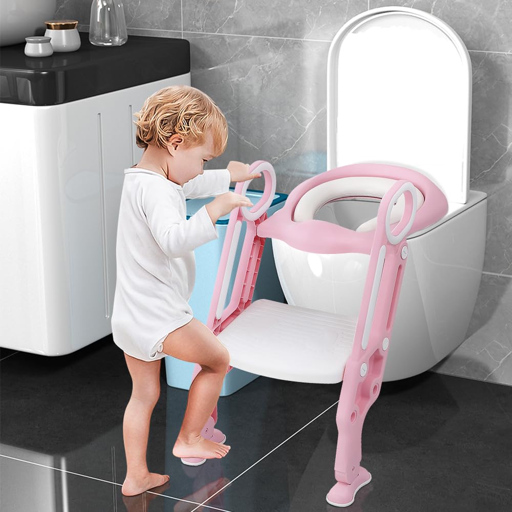 Homewell Riduttore WC per bambini con scala, sedile WC per bambini per ragazze e ragazzi, pieghevole e regolabile, sgabello per scale, adatto per WC a forma di V, U, O
