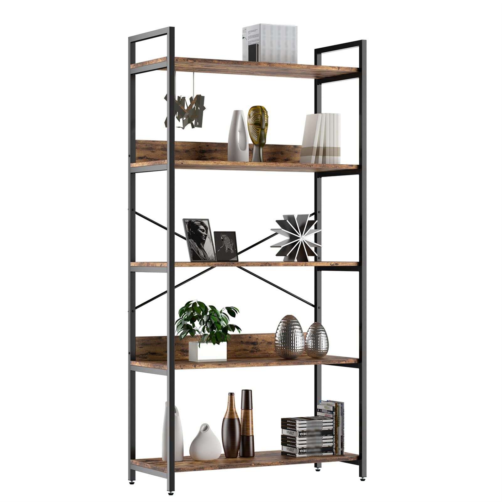 JUN-STORE Industrial Bookshelf Metal Frame Triple Wide 5 Tier Standing Wooden Bookcase for Bedroom/Living Room/Office SENMIA