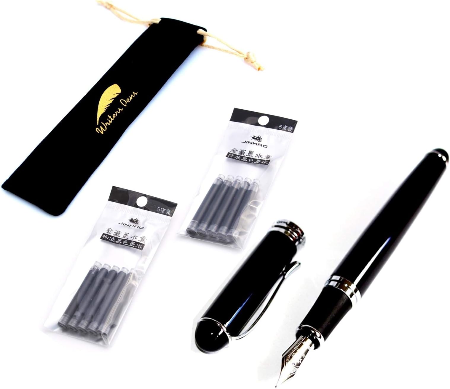 Jinhao X750 Black Fountain Pen Set - Black Velvet Sleeve, 10 Black Ink Cartridges - Medium Nib, Black Barrel with Silver Color Trims, Removable Ink Converter