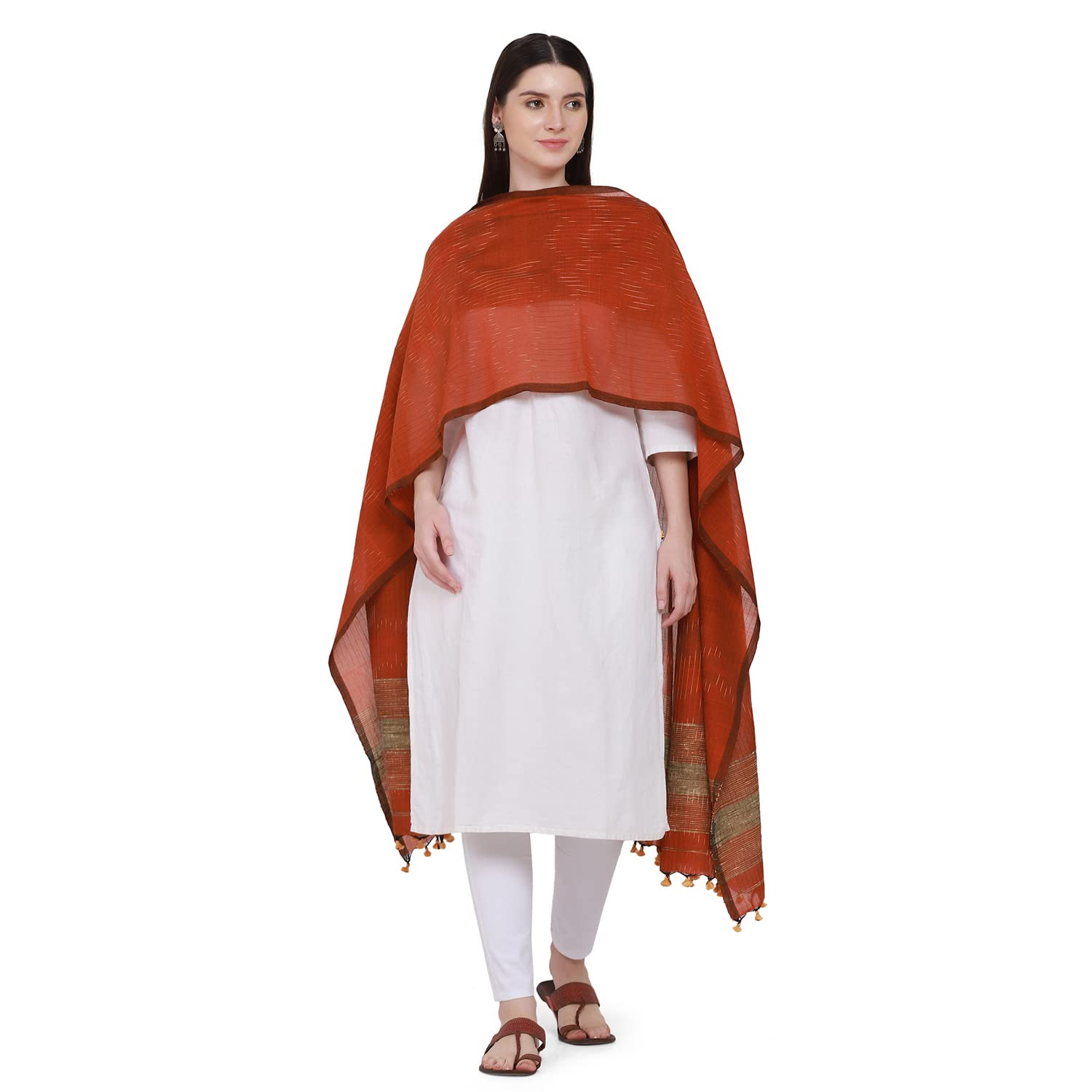 Handloom Woven Pure Cotton, Ikkat Inspired Dupatta With Pom Pom Edgings-image-19