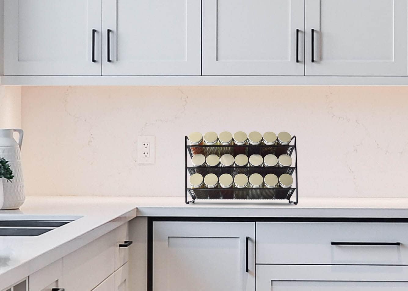 3 Tier Spice Rack Organizer with 48pcs Labels and Chalk Marker, Seasoning Organizer Shelf for Countertop, Kitchen Cabinet or Wall Mount, Black (Spice Jars are NOT Included)