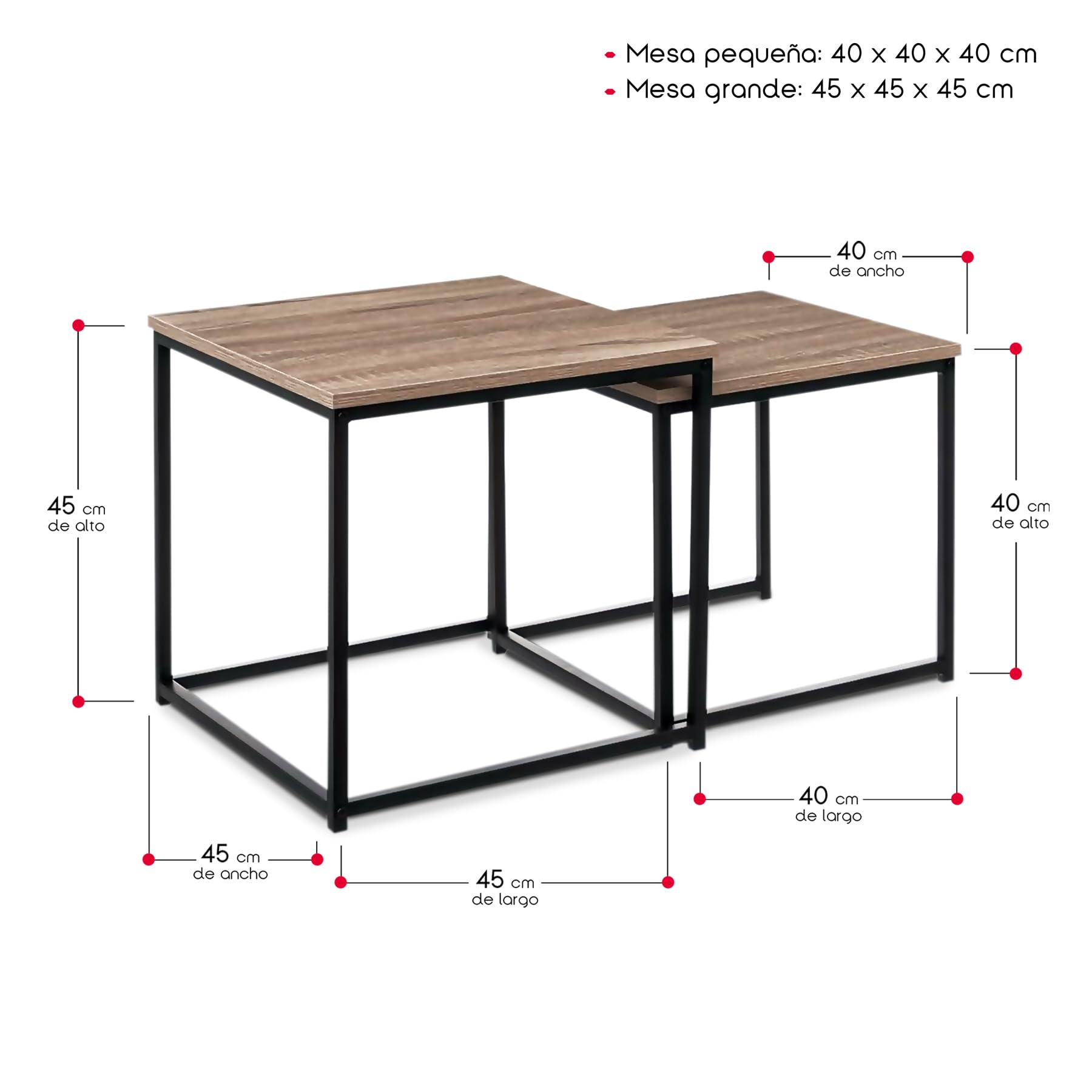TIENDA EURASIA – Juego de 2 Mesas Nido | Mesa de Centro | Imitacion de Roble | Color Natural | 40x40x40 cm y 50x50x50 cm | Material de los Pies Hierro Color Negro