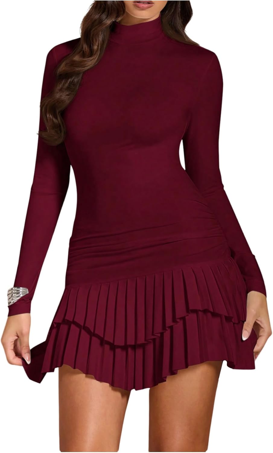 WDIRARA Women's Mock Neck Long Sleeve Bodycon Dress Layered Ruffle Mini Dresses