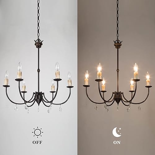 Miniatura 5 de LOG BARN Lámpara de araña de granja, lámpara negra de 6 luces para vestíbulo, dormitorio, comedor con colgantes de cristal, 22.5 pulgadas de diámetro