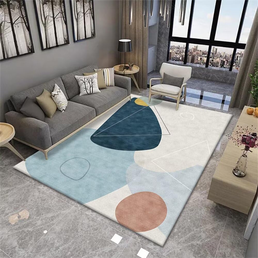 Tapis bleu de chambre adulte 200X260CM au motif semi-circulaire pour décoration de maison