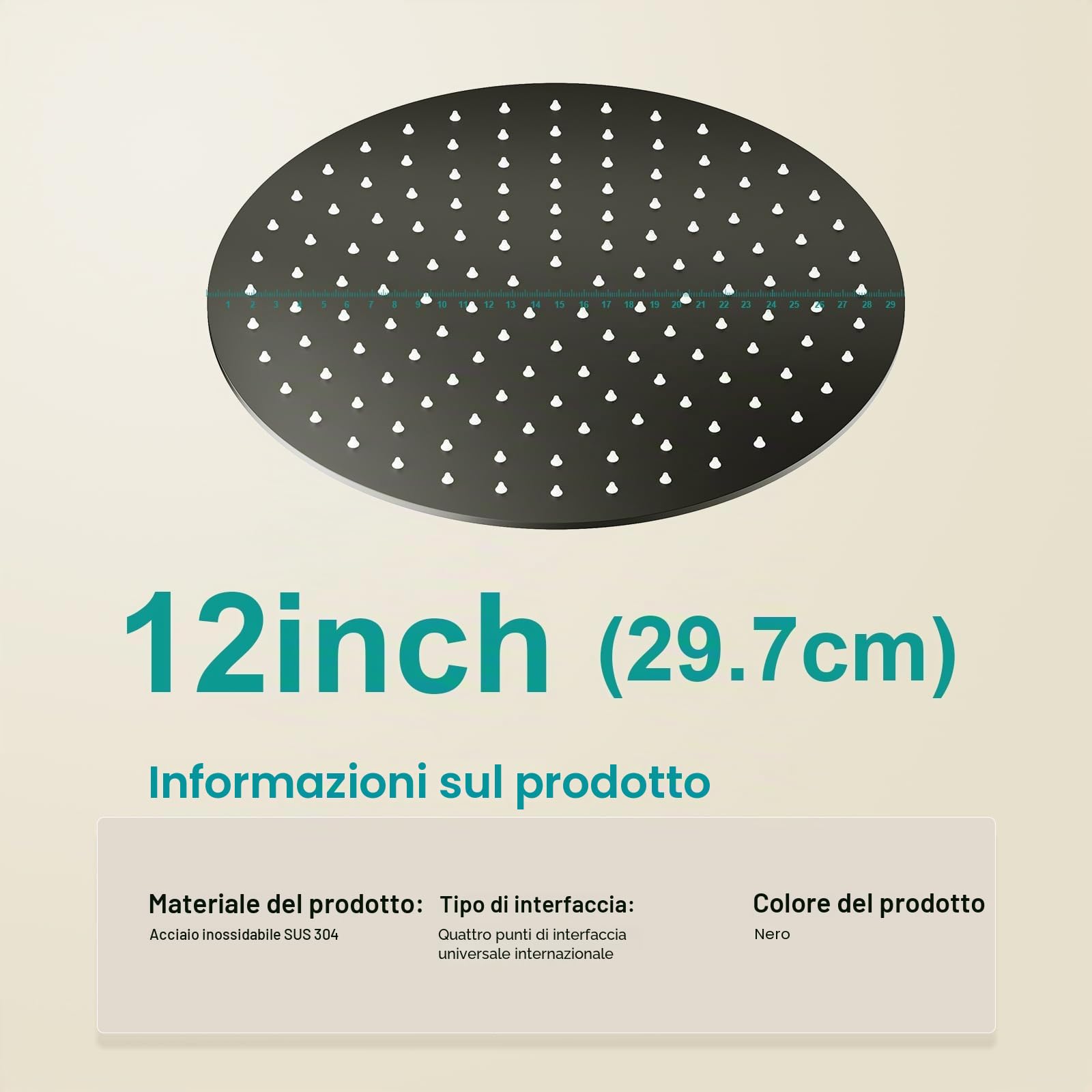 Docce Fisso Rotondo Soffione Doccia a Pioggia in Acciaio Inox Soffione Doccia a Pioggia con Getti In Silicone Anticalcare 304 Acciaio Inox Ultra Sottile (Nero, 30 cm)