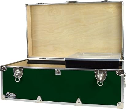 C&N Footlockers - Full-Size Happy Camper Trunk w/Tray - #1 Summer Camp Trunk - Made in the USA - Steel Footlocker with Lid Stay - 32 x 18 x 13.5 Inches Dark Green